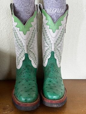 Lucchese Green and White Ostrich Toe Heeled Cowboy Boots